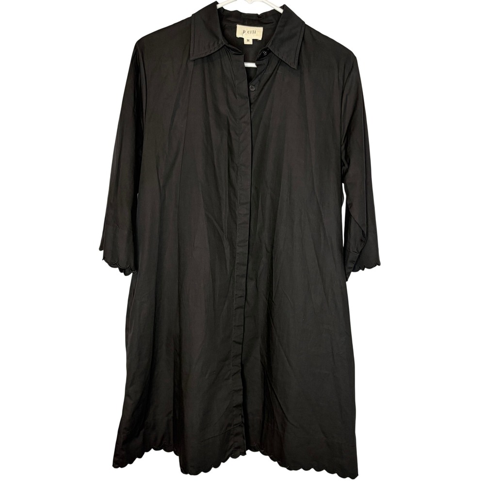 P cill Lagenlook Cotton Shirt Dress Medium Dark Academia Black Scalloped Pockets